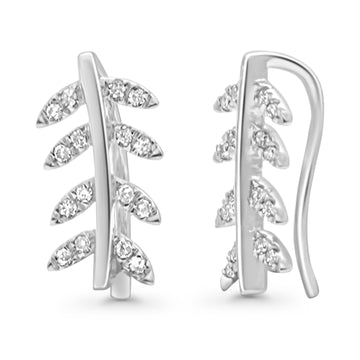 Solid 10K White Gold 12.1mm Leaf Crawler Diamond Hoop Earrings Wholesale